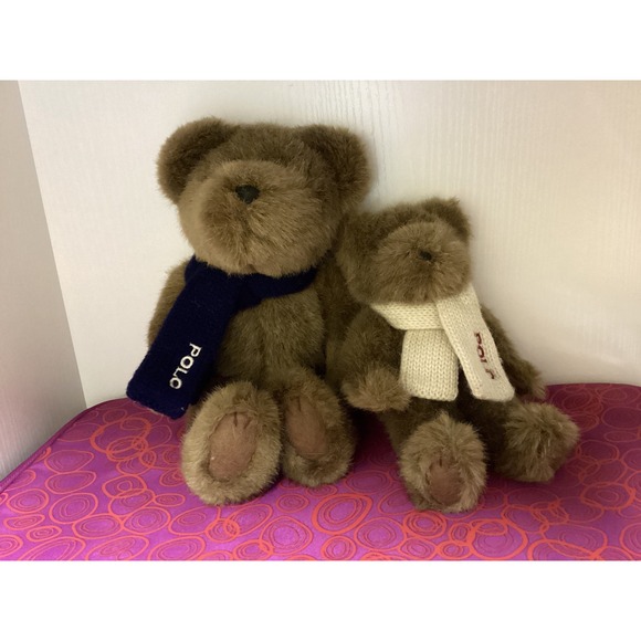Ralph Lauren Other - Vintage 2001 Ralph Lauren Polo Teddy Bear Set Brown Plush Navy Cream Scarves